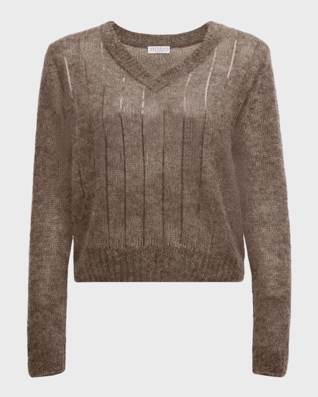 Tonal Sequin Pinstripe V-Neck Mohair Sweat